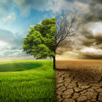 Global Warming - Climate Change - Image Divided Between Grassland and Desert.